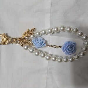 Faux Pearl And Blue Rose Bag Charm With Gold Tone Claw Clasp